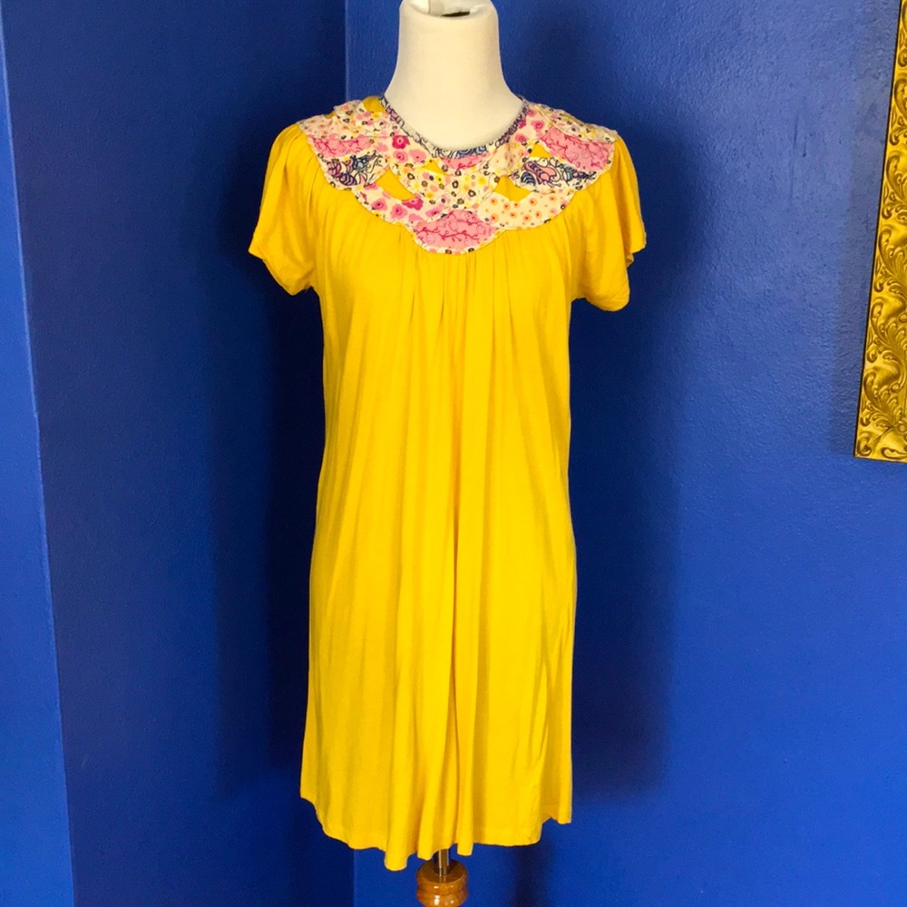 Buttercup Yellow Pink Blue Floral Patchwork Tunic Dress Hippie Boho Festival Y2K